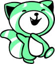 A mint-green cartoon creature with a wide, happy smile dancing with its arms raised.