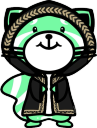 A mint-colored creature with a smiling expression wearing a black hoodie.