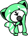 A cute mint-green raccoon holding a microphone and singing with a happy expression.
