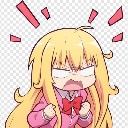 A blonde anime girl with a red bow shouting with clenched fists and red exclamation marks floating around her head.