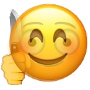 A yellow smiley face with a wide grin holding a kitchen knife in its hand.