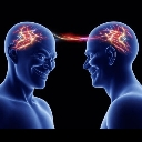 Two blue human heads facing each other with a glowing red energy beam connecting their brains.