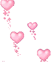 Multiple small pink hearts float upwards with trailing sparkles against a white background.