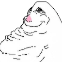A white blob-like character with a smug, self-satisfied grin and a pink nose.