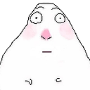 A white creature with large, wide eyes and a pink blush on its cheeks stares forward with a neutral, stunned expression.