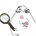 A white hamster with a pink nose squinting skeptically while holding a magnifying glass.