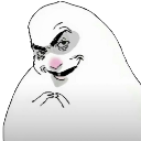 A white blob-like creature with a smug, mischievous grin and raised eyebrows.
