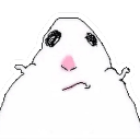 A white hamster with a pink nose and messy, sketchy lines looking unimpressed with a slight frown.