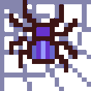 A purple pixelated spider crawls across a white grid web.