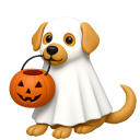 A golden retriever puppy wearing a white ghost costume and holding a small orange jack-o'-lantern bucket in its mouth.