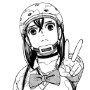 Girl wearing a helmet and bow tie making a peace sign gesture.