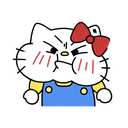 A white cartoon cat with a red bow and blue overalls puffing out its cheeks in an angry pout.