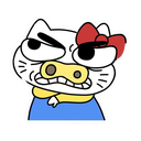 A white cat with a red bow and yellow scarf looking intensely angry with distorted features.