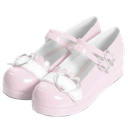 A pair of light pink platform Mary Jane shoes with white detailing and straps.