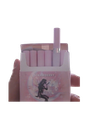 A hand holding a pastel pink pack of cigarettes with a silhouette illustration on the front.