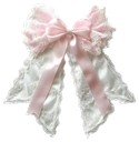 A ruffled pink and white ribbon bow centered on a plain background.