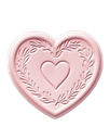 Heart-shaped wax seal in a soft pink color with an embossed smaller heart and vine pattern in the center.