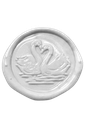 A white wax seal stamp featuring two swans facing each other in the center.