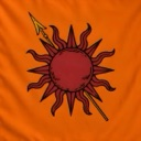 Sun emblem with wavy rays pierced by a diagonal spear on an orange background.