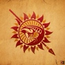 Sun and spear emblem featuring a stylized creature silhouette in red and gold on a textured background.
