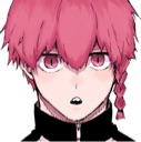 Anime boy with pink hair and pink eyes looking shocked with a wide-eyed expression.