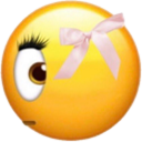 A yellow smiley face with long black eyelashes and a pink bow looking to the side with a judgmental expression.