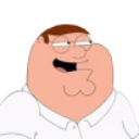 Peter Griffin wearing a white shirt with a smug, mischievous smirk on his face.