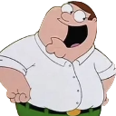 Peter Griffin with a smug, wide-mouthed smirk and eyes squinted in a mischievous expression.