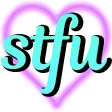 Heart shape with a pink outline containing the light blue cursive text stfu.