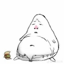 A round white blob character with a sad expression looks down at a tiny hamburger on the ground.