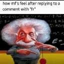 Albert Einstein caricature with a distorted face and large hair holding a yo-yo in front of a chalkboard.