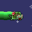A pixelated zombie cat with red eyes emerges from a green pipe.