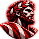 Roman man with a beard wearing a laurel wreath and toga in a red and white color scheme.
