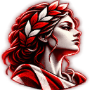 A woman with a stoic expression wearing a laurel wreath, rendered in high-contrast red and white tones.