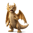 A small golden dragon standing with wings slightly spread and a happy, open-mouthed smile.