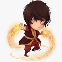A chibi boy with dark hair wearing red robes, striking a martial arts pose with glowing fire swirling around his hands.