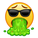 Yellow emoji face wearing black sunglasses while vomiting a stream of green liquid.