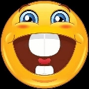 A yellow smiley face with wide blue eyes and a large, toothy grin.