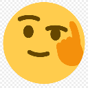 Yellow emoji face with a raised eyebrow and a hand resting on its chin in a thinking pose.