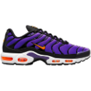 A purple and black athletic sneaker with orange accents and a white sole.