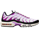 A stylish athletic sneaker with purple and white patterns sits on a light background.