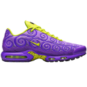 A purple athletic sneaker with lime green accents and a swirling pattern on the side.