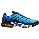 A blue and black athletic sneaker with yellow accents shown from the side.