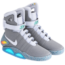 High-top sneakers in gray and white with glowing blue lights on the soles.