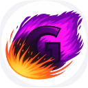 A dark letter G surrounded by bright purple and orange flames.