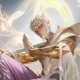 A stylized warrior with white hair and golden armor, surrounded by a glowing halo and mystical energy.