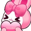 A cute white bunny with a large pink bow on its head holding a pink heart with a happy expression.