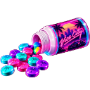 A neon purple and pink bottle spilling colorful pills on a dark background.