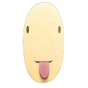 A pale oval face with simple dot eyes and a pink tongue sticking out.