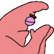 A pink cartoon character with closed eyes and hands pressed together in a prayer gesture.